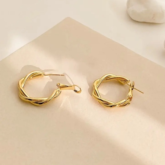 Gold Twisted Drop Hoop Earrings - Picture 5 of 6